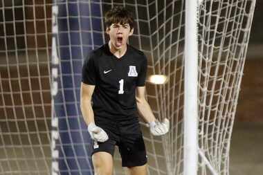 Allen goalkeeper Jackson Leavitt (1) celebrates a stop during the shootout which followed...