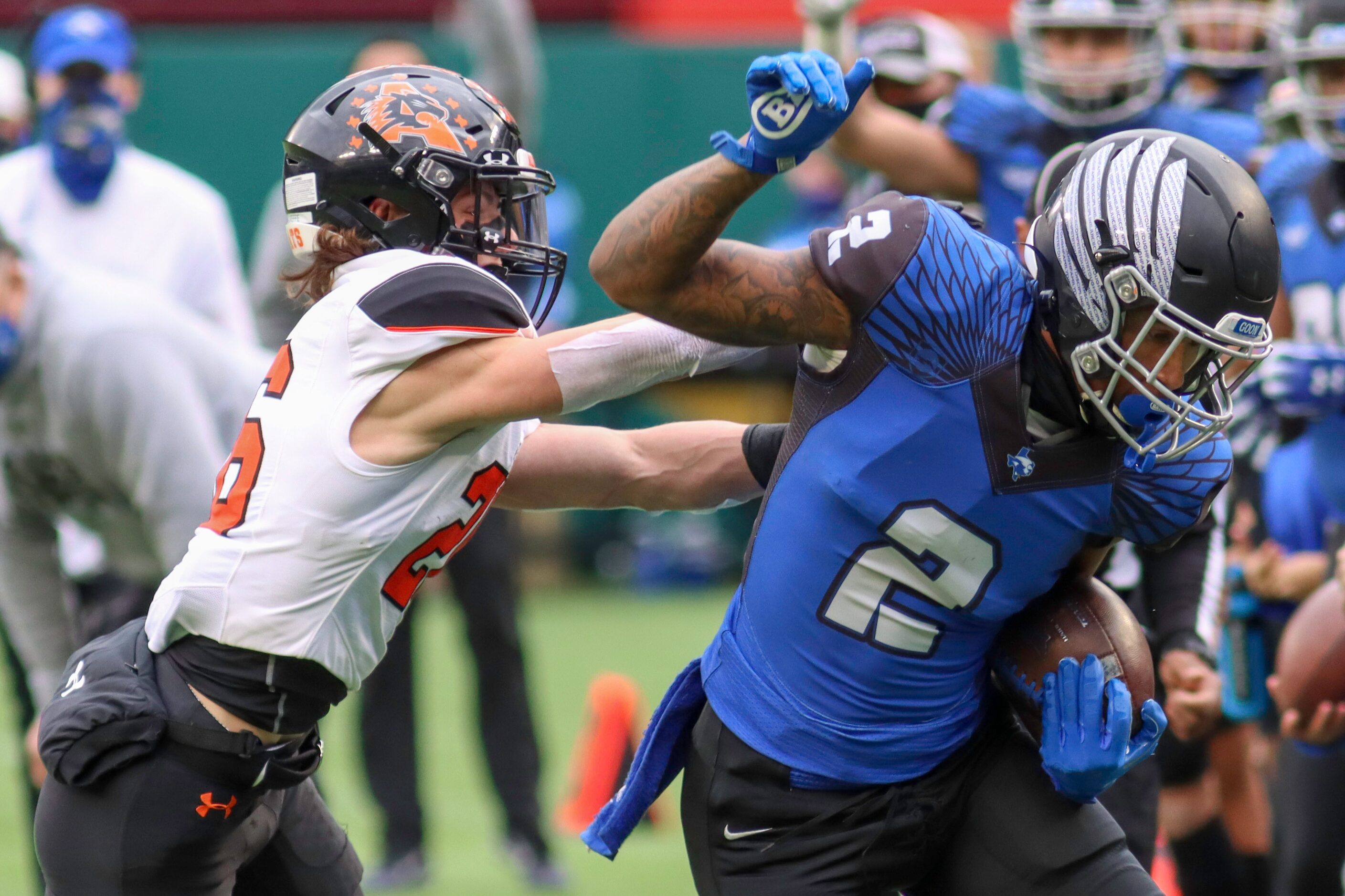 Aledo defensive back Sammy Steffe (26) pushes North Forney Kameron Allen (2) out of bounds...