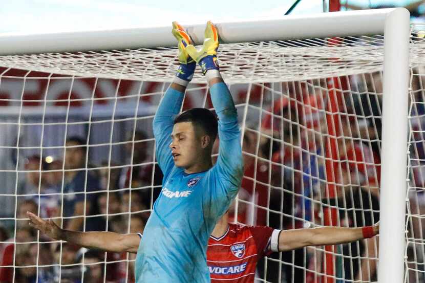 FC Dallas goalkeeper Jesse Gonzalez (1) watches a goal attempt sail overhead during the...