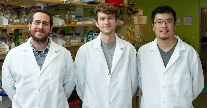 Three members of a team of researchers from UT Austin wearing white lab coats.