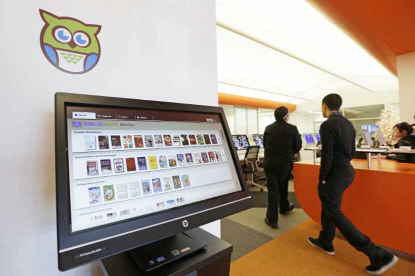 A computer screen displays books available at BiblioTech, an-all digital public library in...