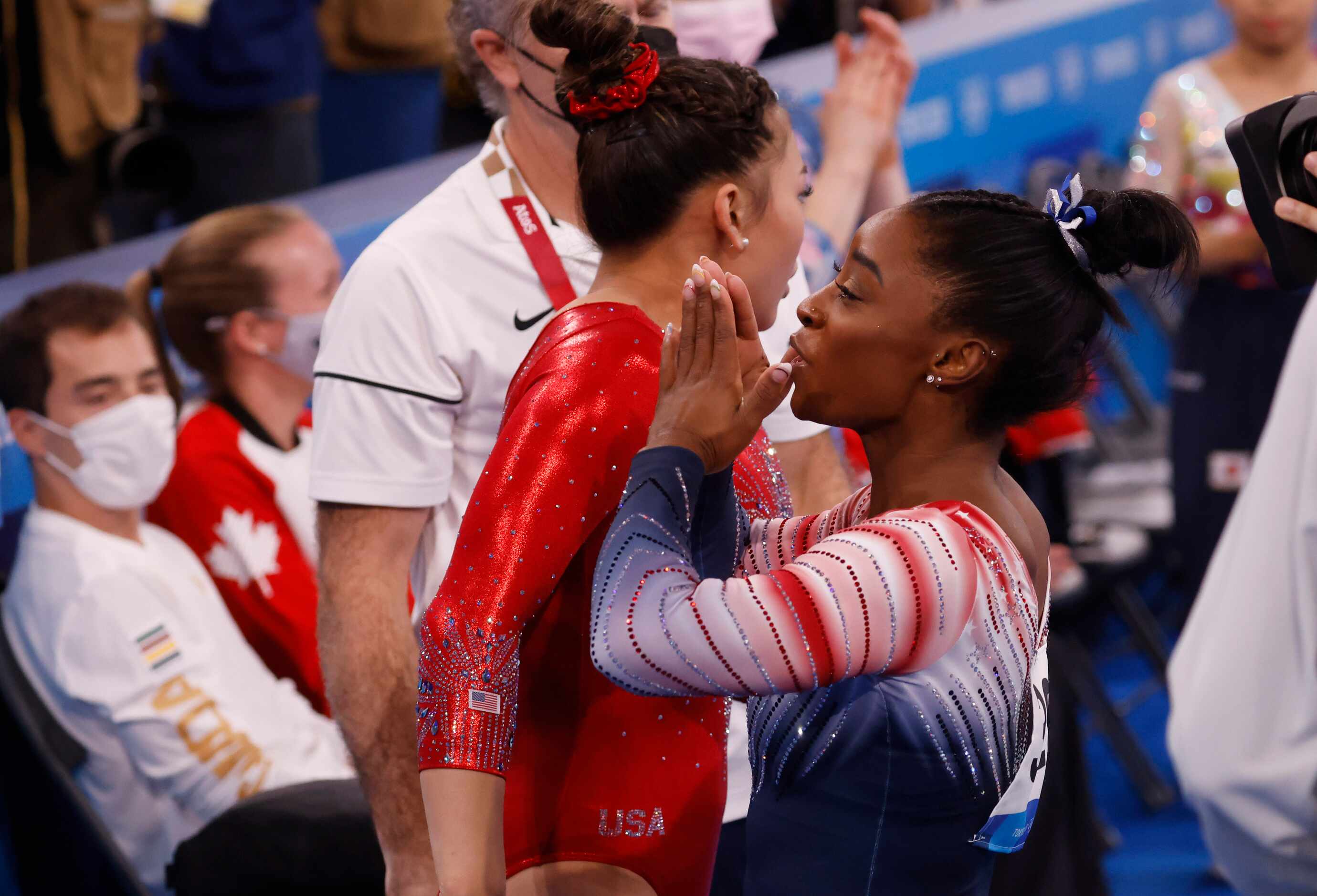 USA’s Simone Biles blows kisses into the crowd after competing in the women’s balance beam...