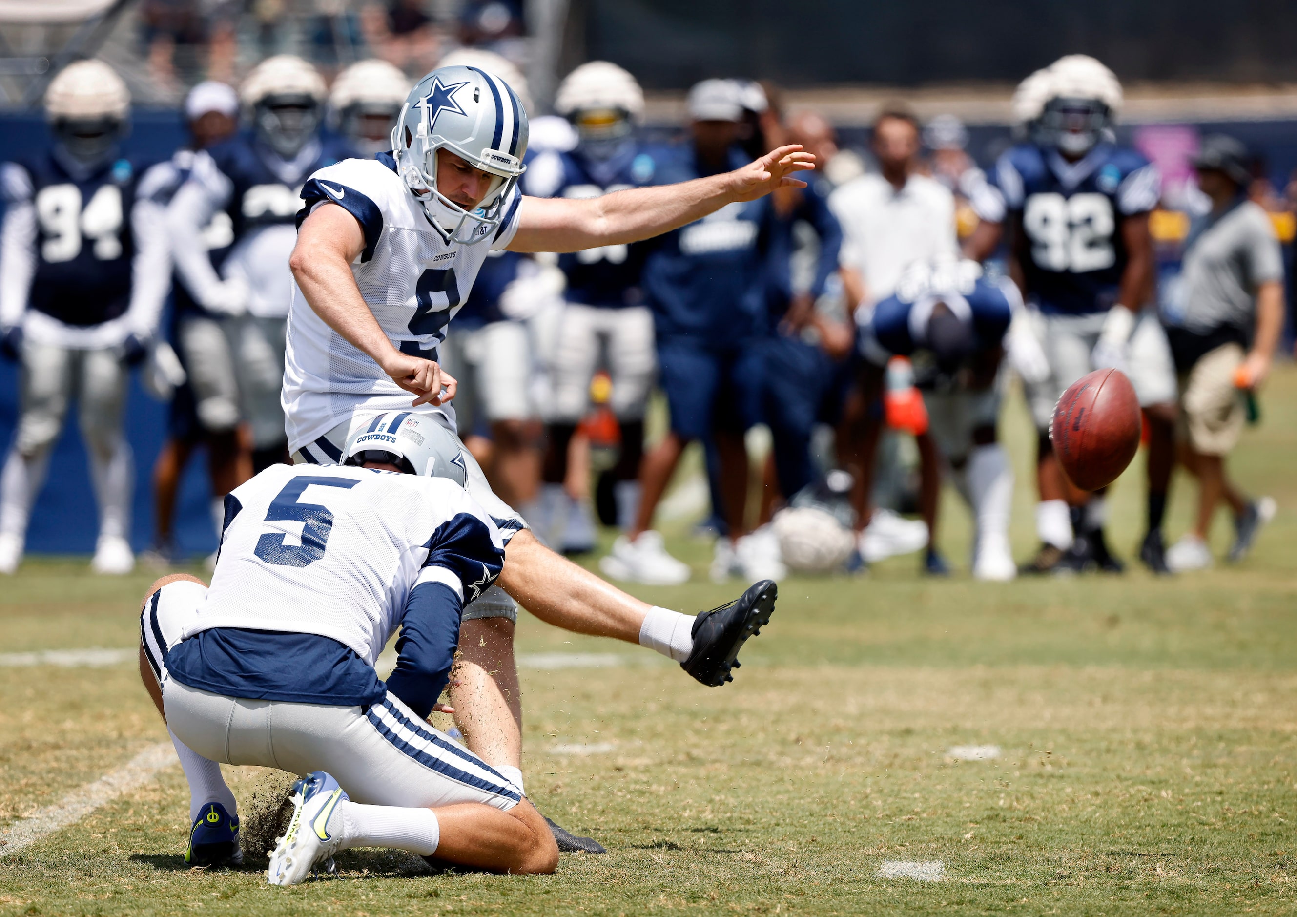 Dallas Cowboys kicker Lirim Hajrullahu (9) attempts a field goal during a last-second drill...