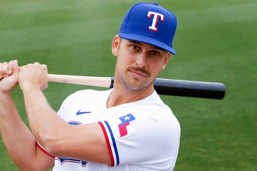 Texas Rangers infielder Nathaniel Lowe is pictured during photo day at the team's training...