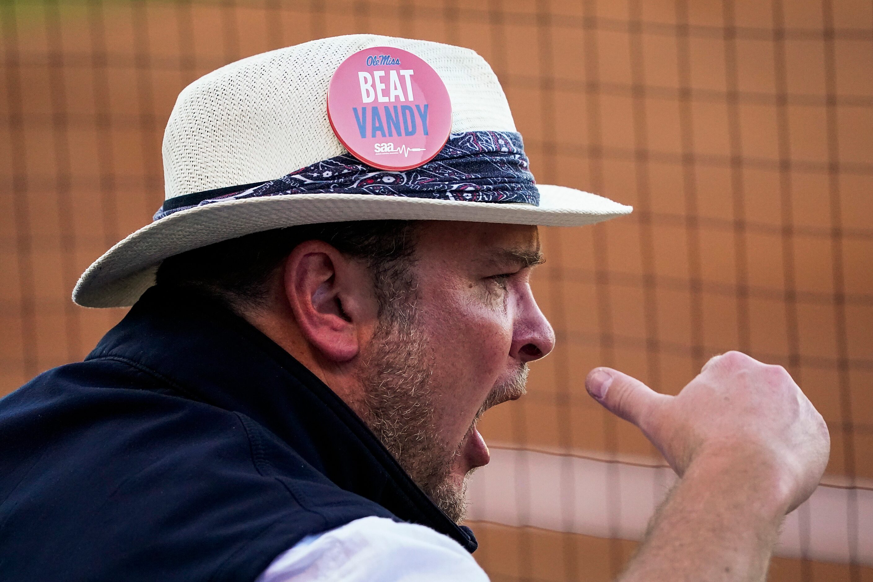 A Mississippi fan yells toward the Vanderbilt dugout during an NCAA baseball game at Swayze...