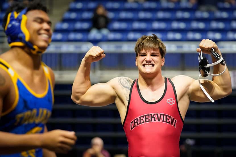 Mason Ding of Carrollton Creekview celebrates after defeating Kelby Hickerson of Austin...