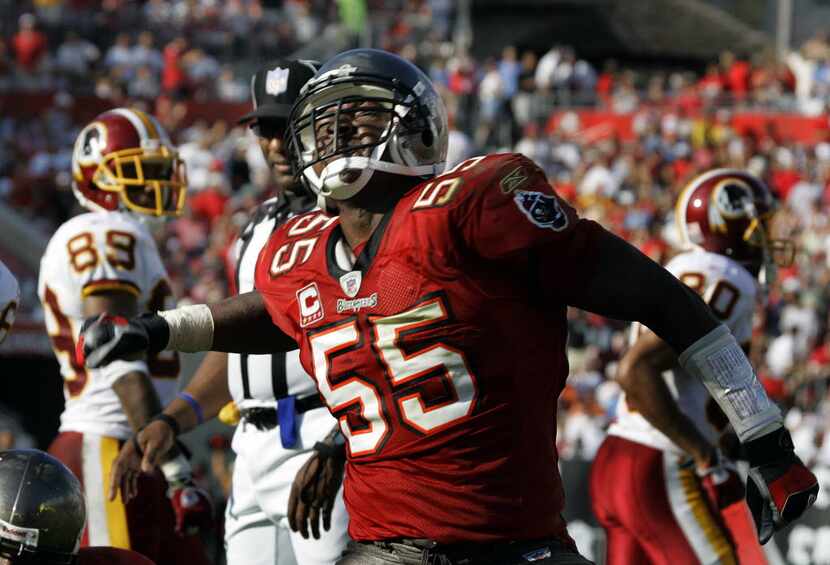FILE - In this Nov. 25, 2007 file photo, Tampa Bay Buccaneers' Derrick Brooks reacts after...