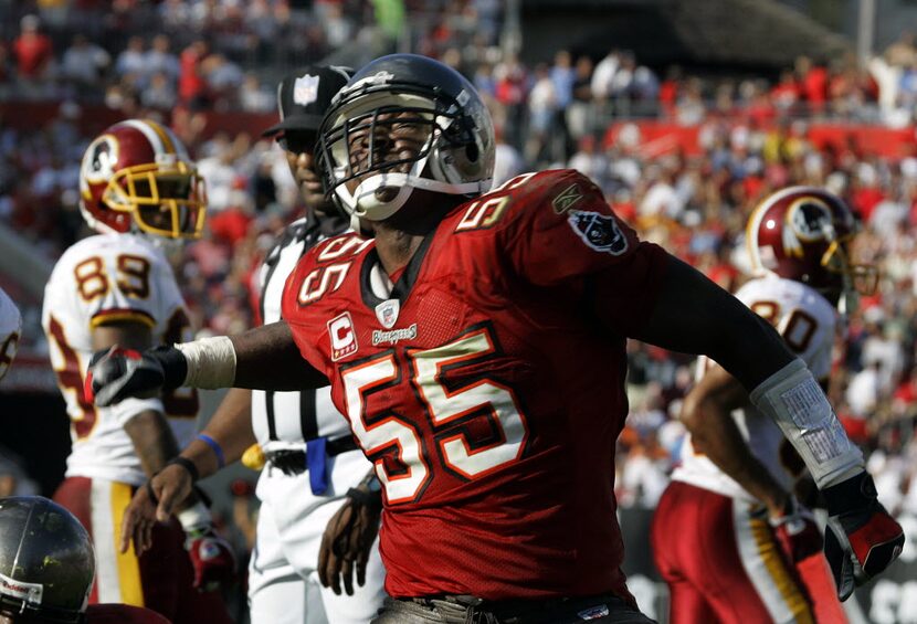 FILE - In this Nov. 25, 2007 file photo, Tampa Bay Buccaneers' Derrick Brooks reacts after...