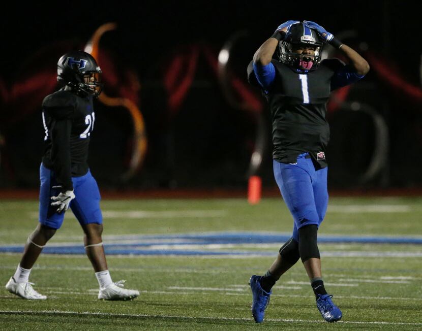 Hebron defensive back Isaiah Gary (1) reacts after the ball was thrown near Gary in the...