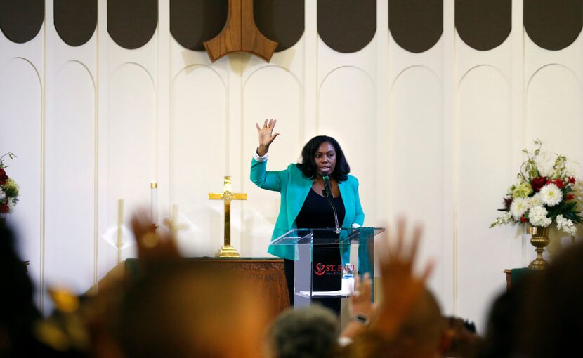 Frances Waters speaks to the congregation at St. Paul United Methodist Church in Dallas....