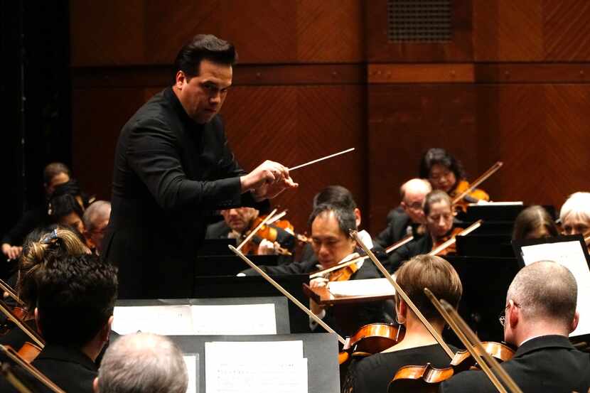 Guest Conductor Robert Trevino gives direction to the Fort Worth Symphony Orchestra at Bass...