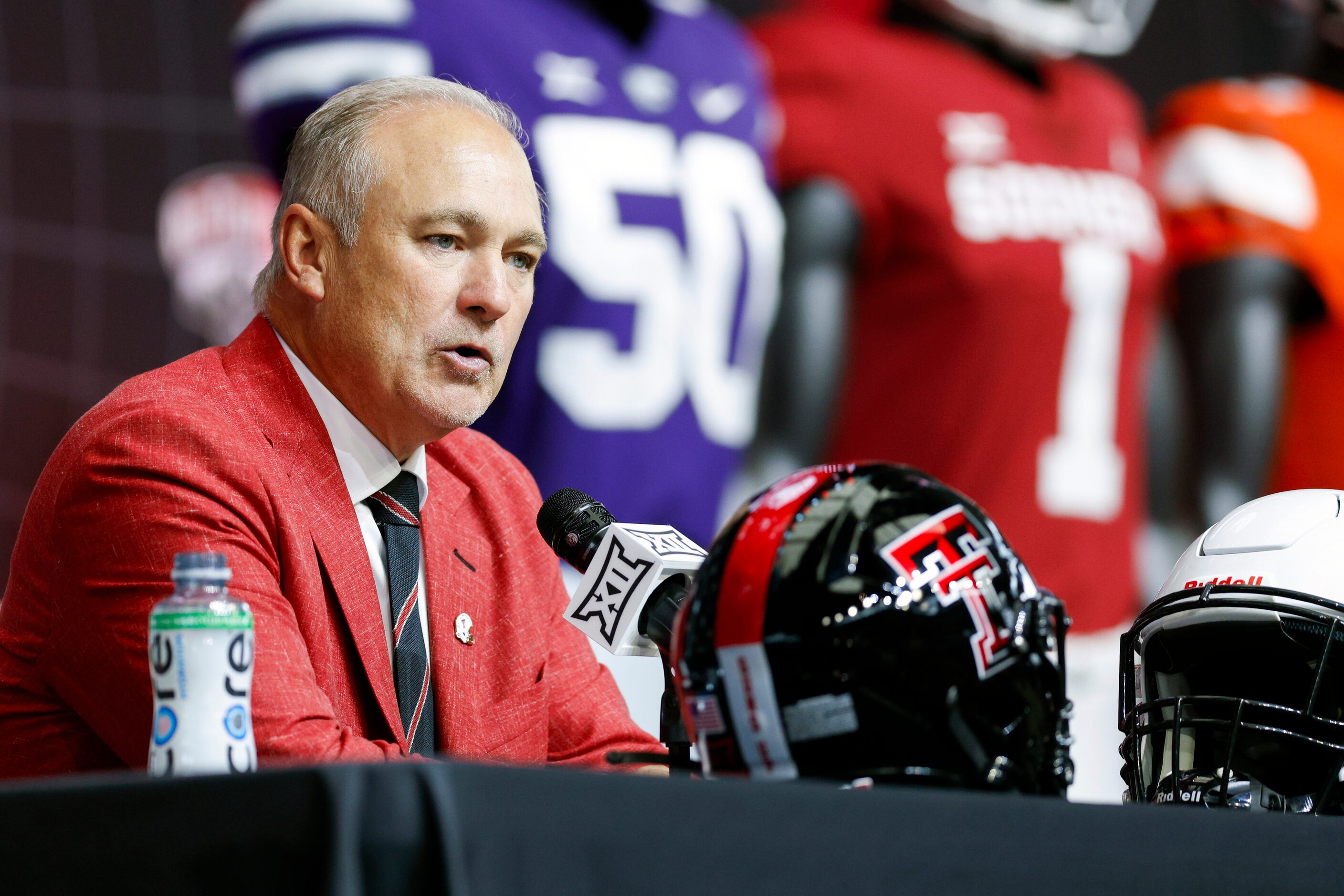 Texas Tech head coach Joey McGuire speaks during the Big 12 Media Days at AT&T Stadium,...