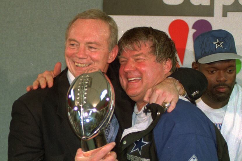 Jerry Jones and Jimmy Johnson celebrate the Cowboys' Super Bowl XXVIII win over Buffalo on...