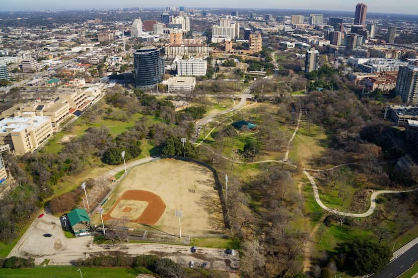 An aerial view of Reverchon Park and its century-old baseball field in 2020.