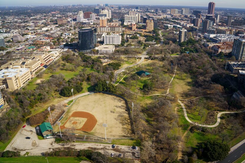 An aerial view of Reverchon Park and its century-old baseball field in 2020.