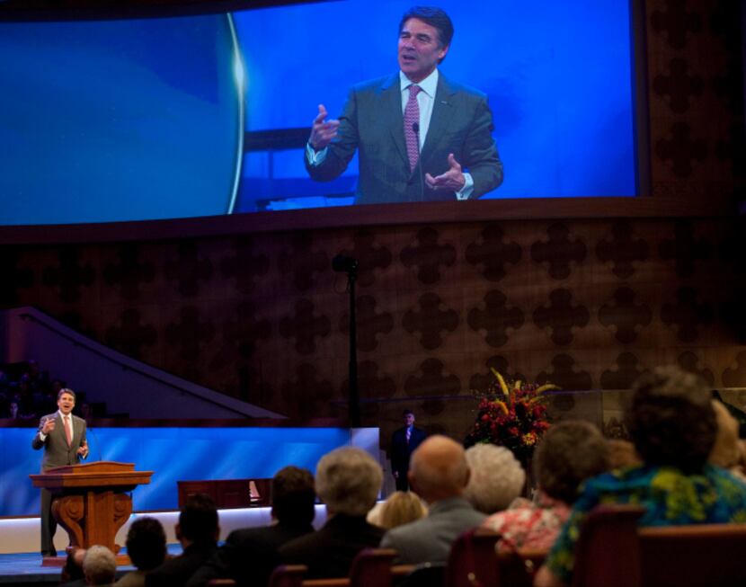 Gov. Rick Perry briefly spoke during Sunday's official dedication at First Baptist Church of...