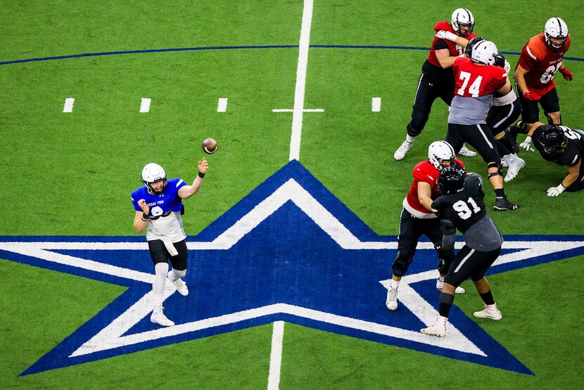 Texas Tech quarterback McLane Carter throws a pass at midfield during the Red Raiders'...