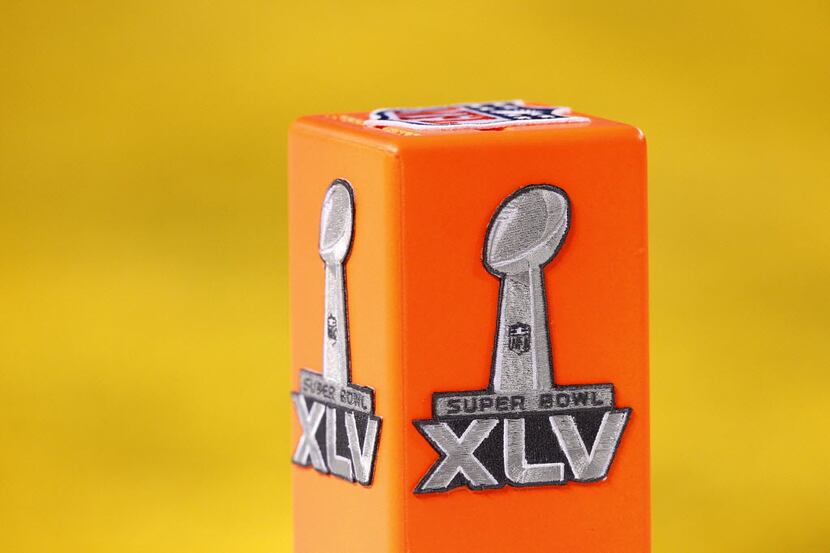 Super Bowl XLV endzone pylon at Cowboys Stadium, Sunday, February 6, 2011, in Arlington,...