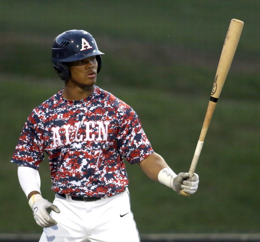 Allen Eagles designated hitter Kyler Murray (7) eyes the pitcher as he backs out of the...