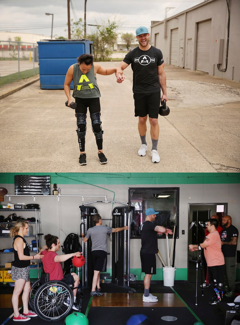 (Above) Vanessa Cantu grabs onto David Vobora while working out at the Adaptive Training...