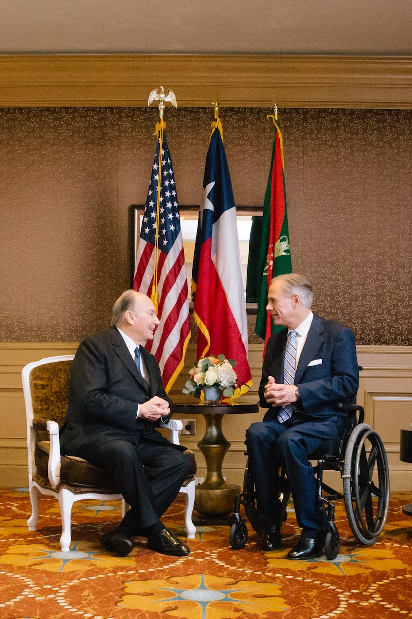 Gov. Greg Abbott meets with the Aga Khan, spiritual leader to Ismaili Muslims, during an...