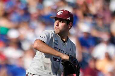 Texas A&M pitcher Ryan Prager (18) in action during an NCAA College World Series baseball...