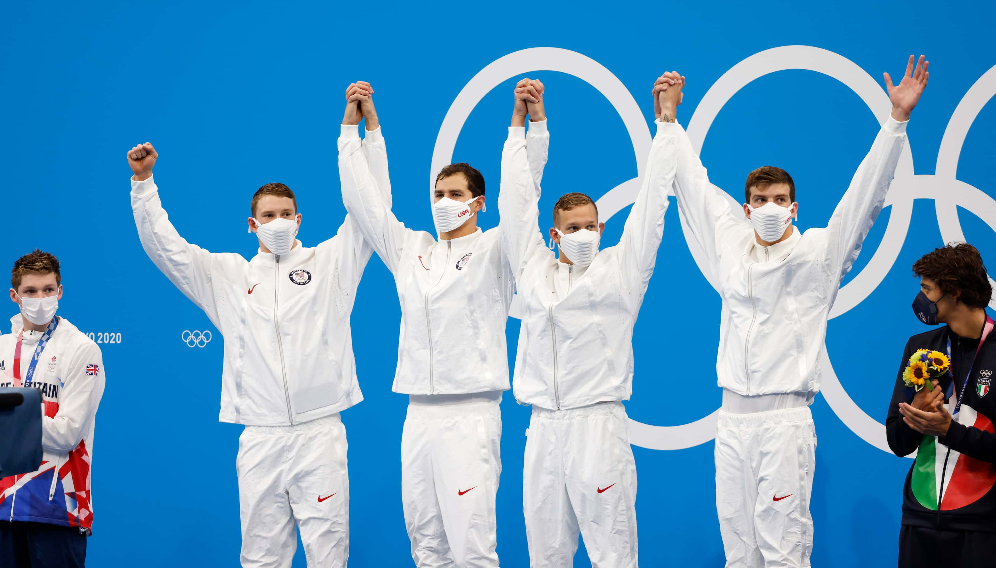 (Left to right) USA’s Ryan Murphy, Michael Andrew, Caeleb Dressel, and Zach Apple celebrate...