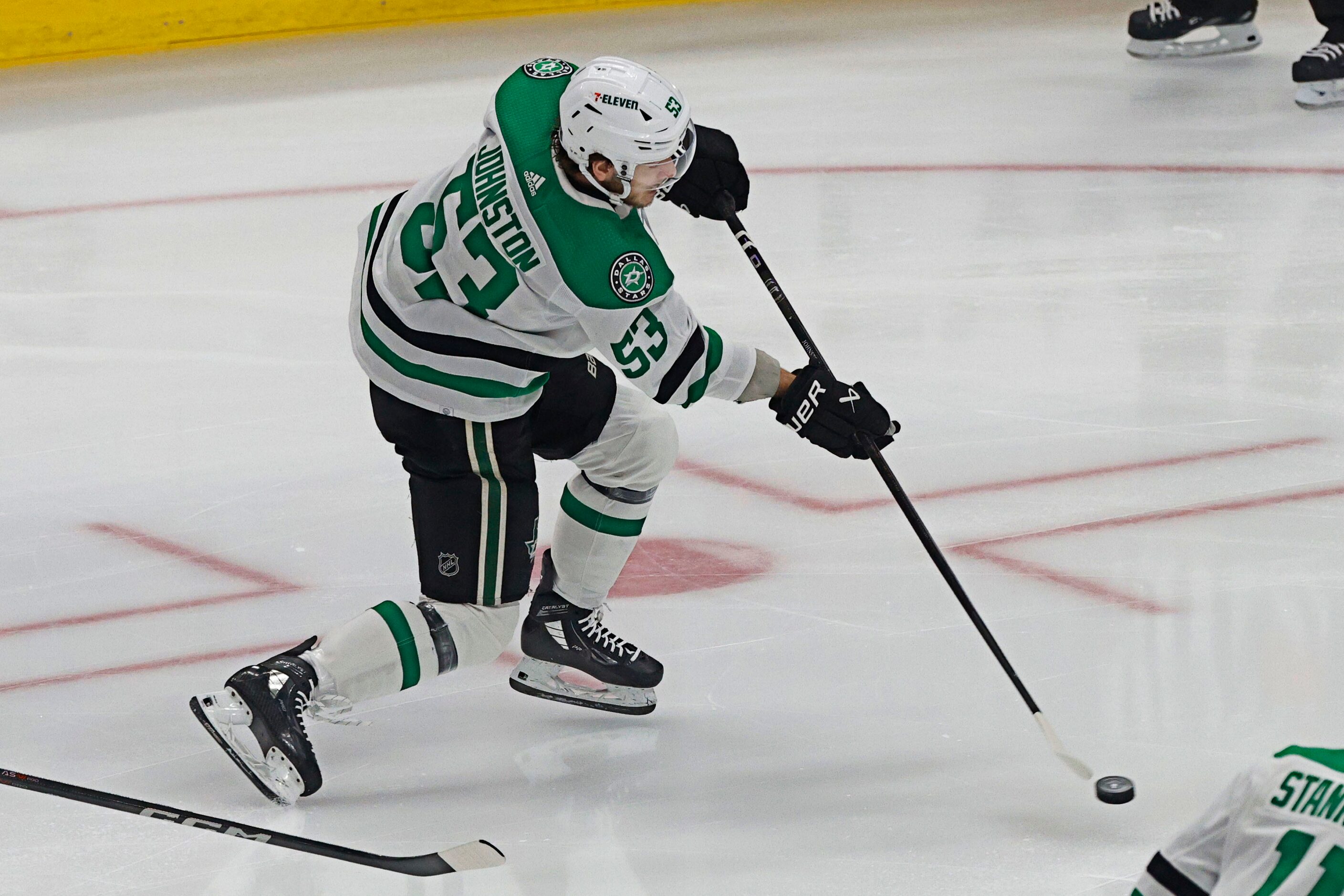 Dallas Stars center Wyatt Johnston (53) scores a goal against Edmonton Oilers goaltender...