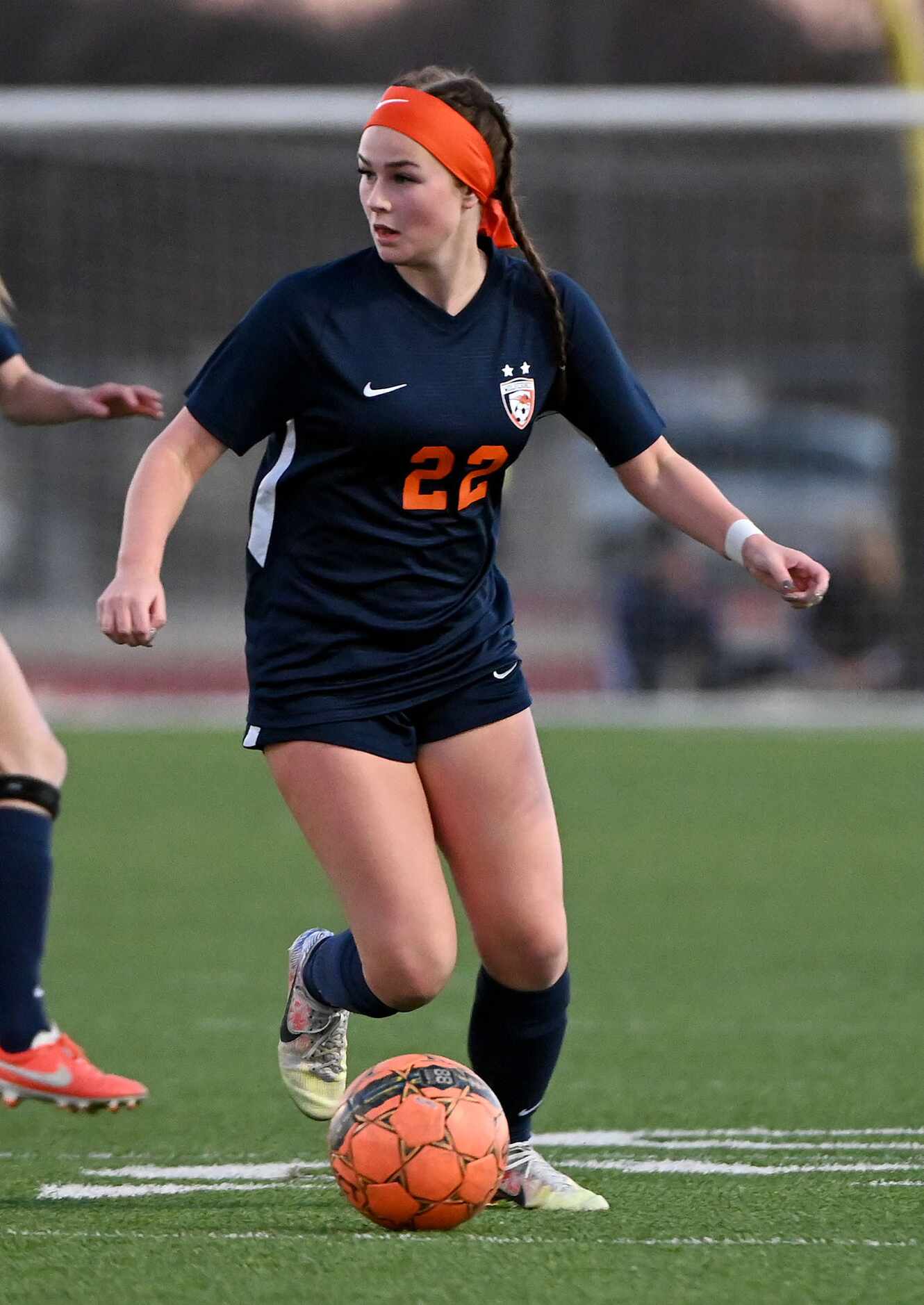 Frisco Wakeland’s McKenna Jenkins (22) controls the ball during a girls soccer game between...