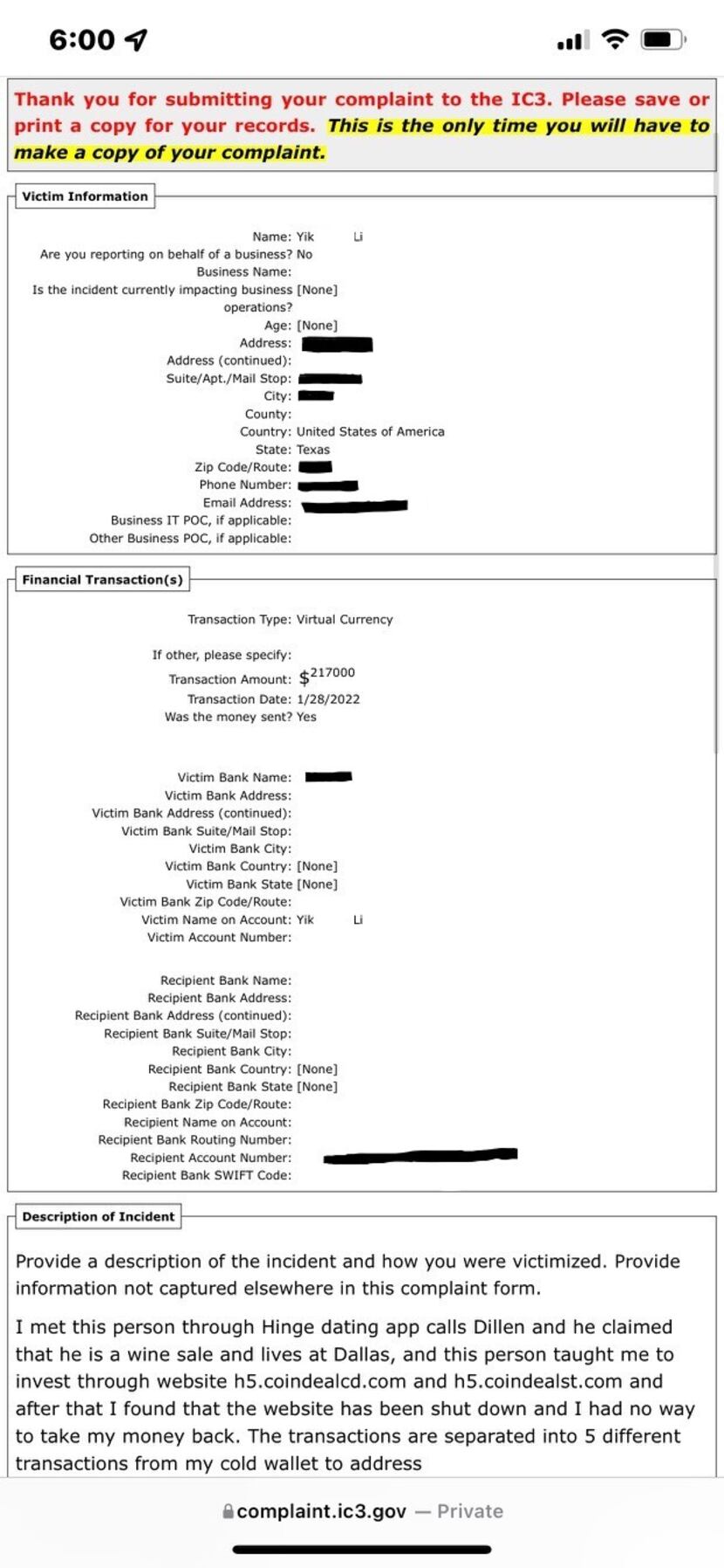 A screenshot of Yik Li's report to the FBI. 