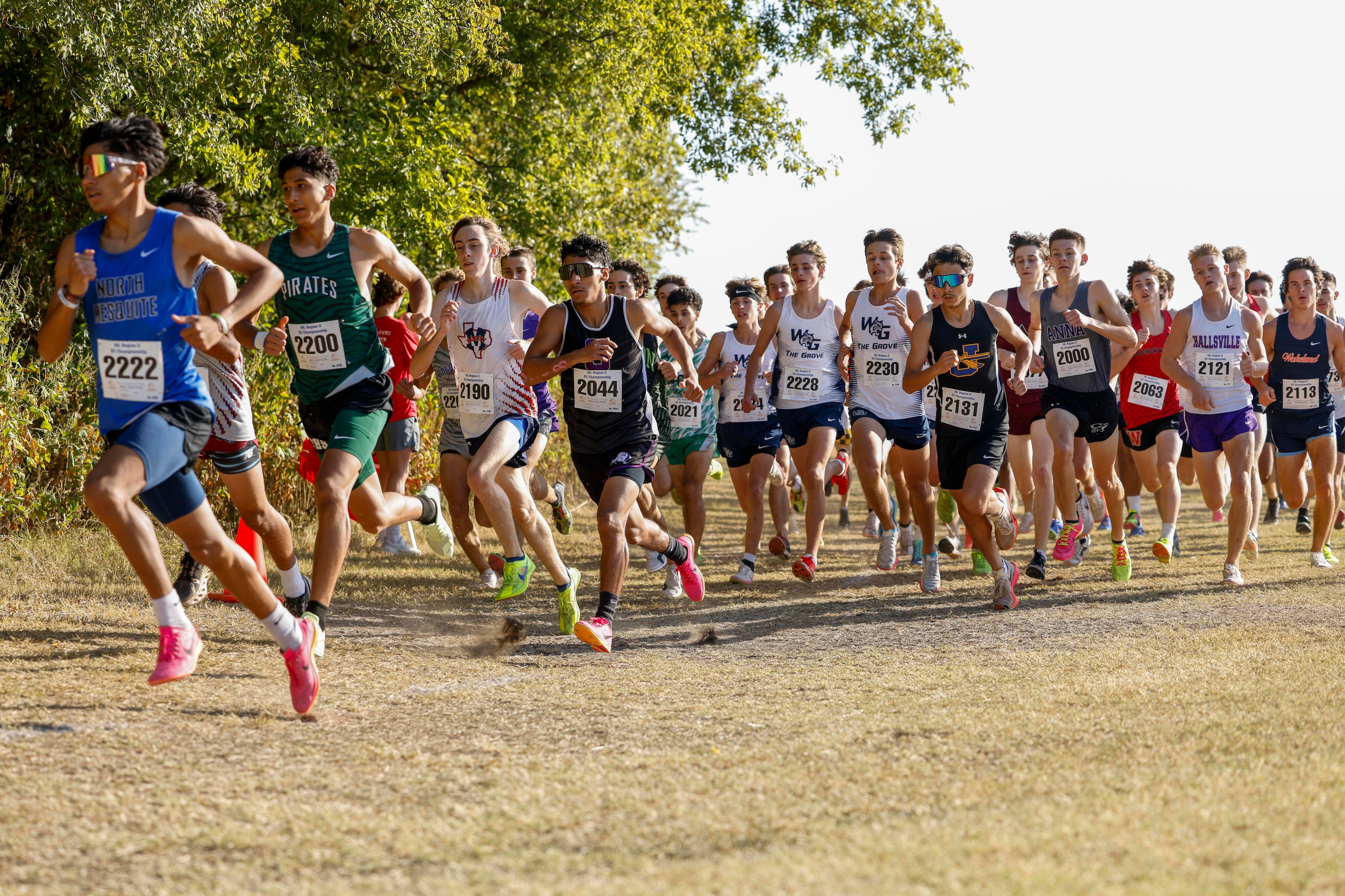 The field rounds the first turn during the boys UIL Class 5A Region II cross country meet,...