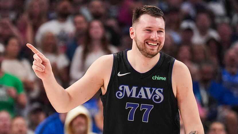 Dallas Mavericks guard Luka Doncic reacts to a foul call during the first half in Game 6 of an NBA basketball second-round playoff series against the Oklahoma City Thunder on Saturday, May 18, 2024, in Dallas.