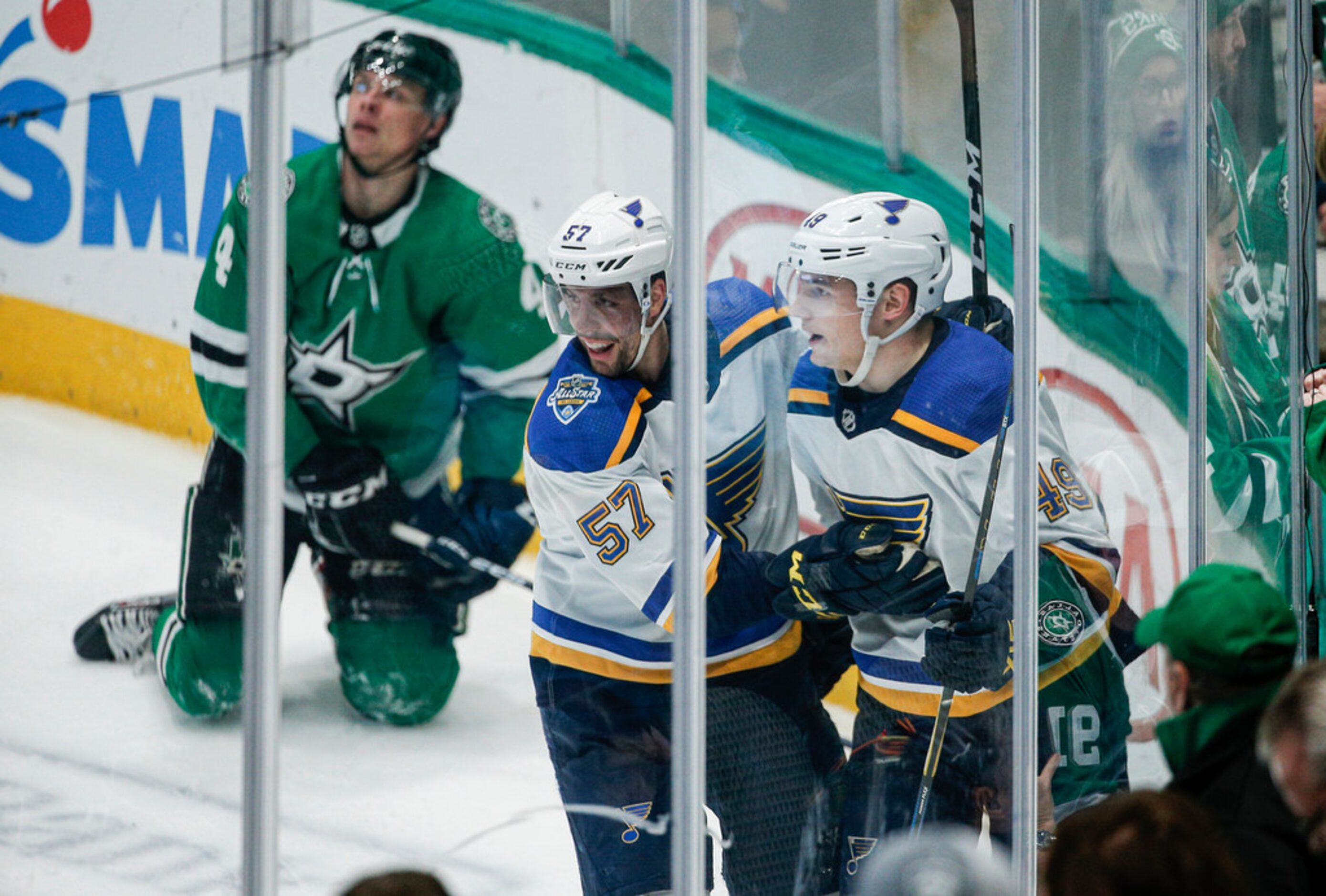 St. Louis Blues forward Ivan Barbashev (49) is congratulated by forward David Perron (57)...