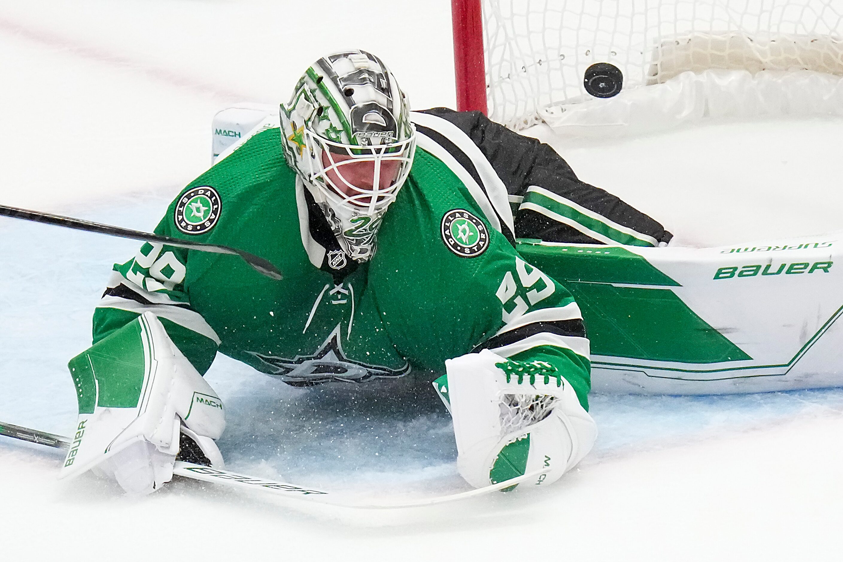 A shot by Vegas Golden Knights right wing Keegan Kolesar gets past Dallas Stars goaltender...