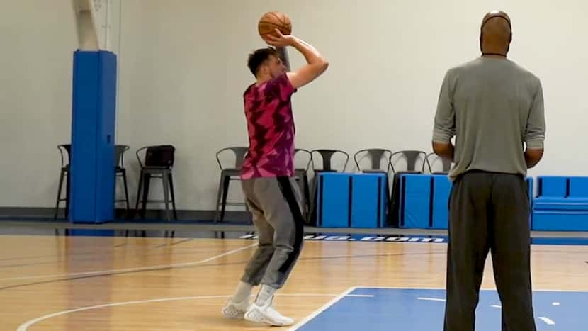 Dallas Mavericks guard Luka Doncic practices free throws from the first mandatory workout on...