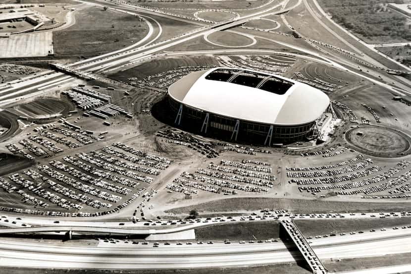 Texas Stadium and its adjacent parking lots are seen in this 1971 aerial photo.