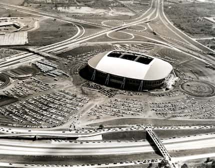 Texas Stadium and its adjacent parking lots are seen in this 1971 aerial photo.