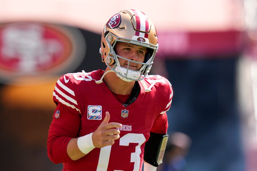 San Francisco 49ers quarterback Brock Purdy takes the the field after being introduced...