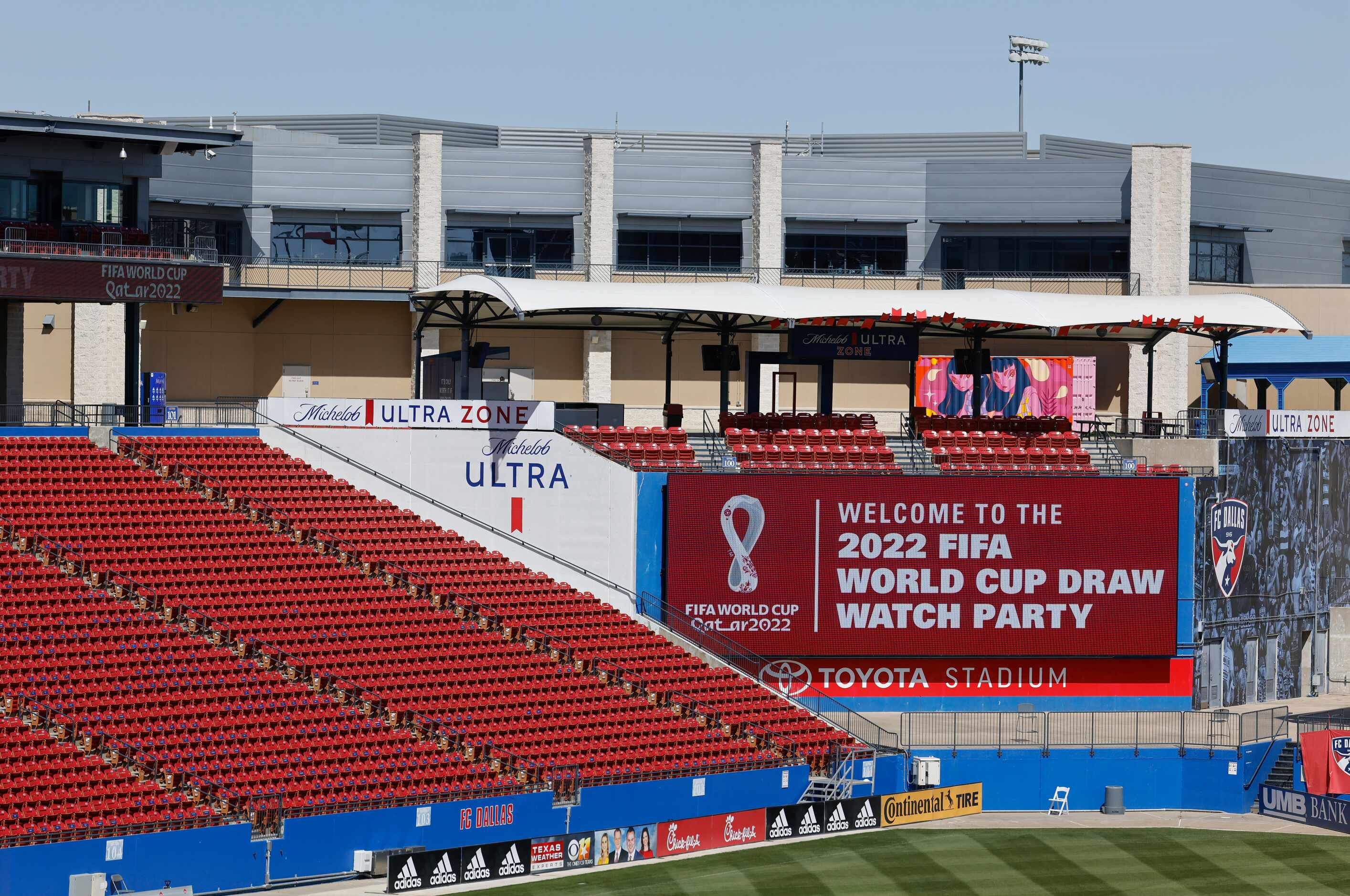 Video screen displaying the World Cup watch party during a FC Dallas' World Cup draw watch...