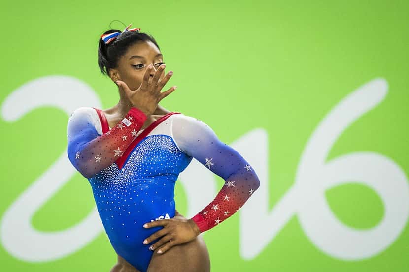 Gold medalist Simone Biles of the USA competes in the floor exercise event finals at the Rio...