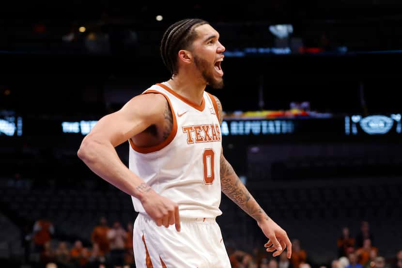 Texas Longhorns forward Timmy Allen (0) celebrates  their win over the Stanford Cardinals at...