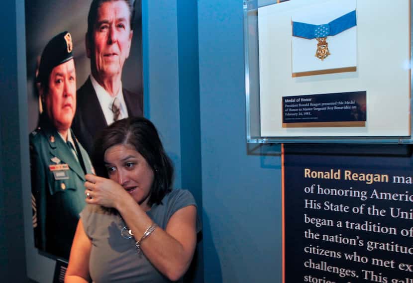 Yvette Benavidez cried as her family unveiled the Medal of Honor earned by her father, Sgt....