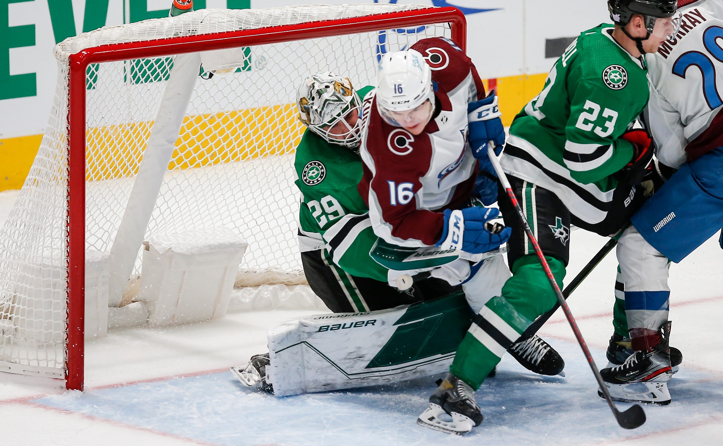 Colorado Avalanche forward Nicolas Aube-Kubel (16) collides into Dallas Stars goaltender...