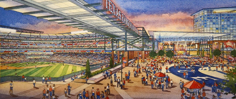 An artist rendering shows the outfield plaza of a new retractable roof ballpark (left) that...