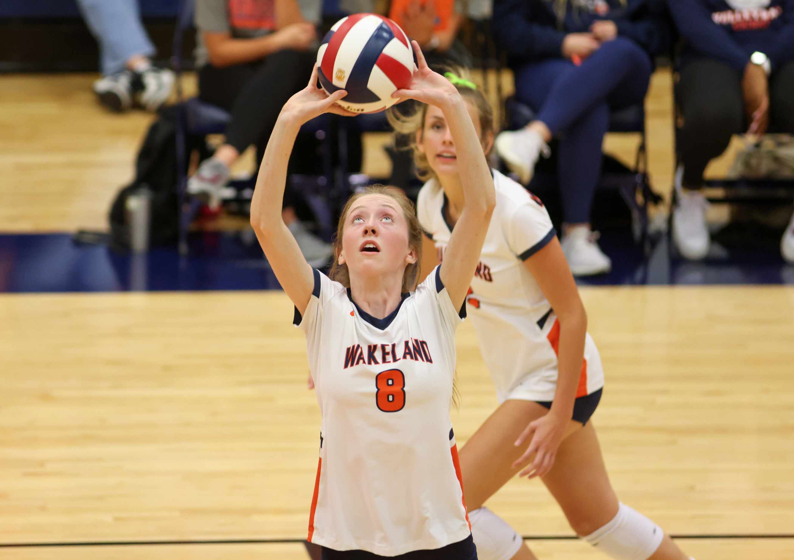 Frisco ISD’s Wakeland High School Sarah Pfiffner (8) sets the ball during the second set of...