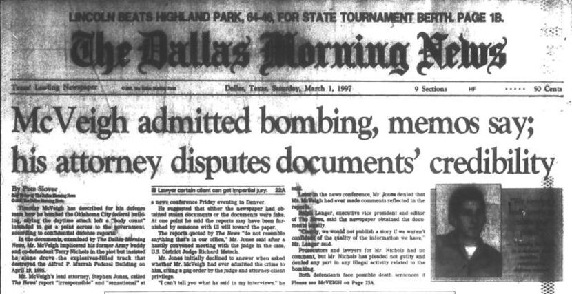 The front page of The Dallas Morning News on Mar. 1, 1997. The story of Timothy McVeigh’s...