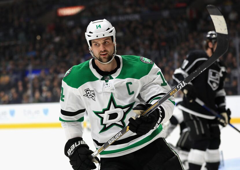 LOS ANGELES, CA - APRIL 07:  Jamie Benn #14 of the Dallas Stars looks on after scoring a...