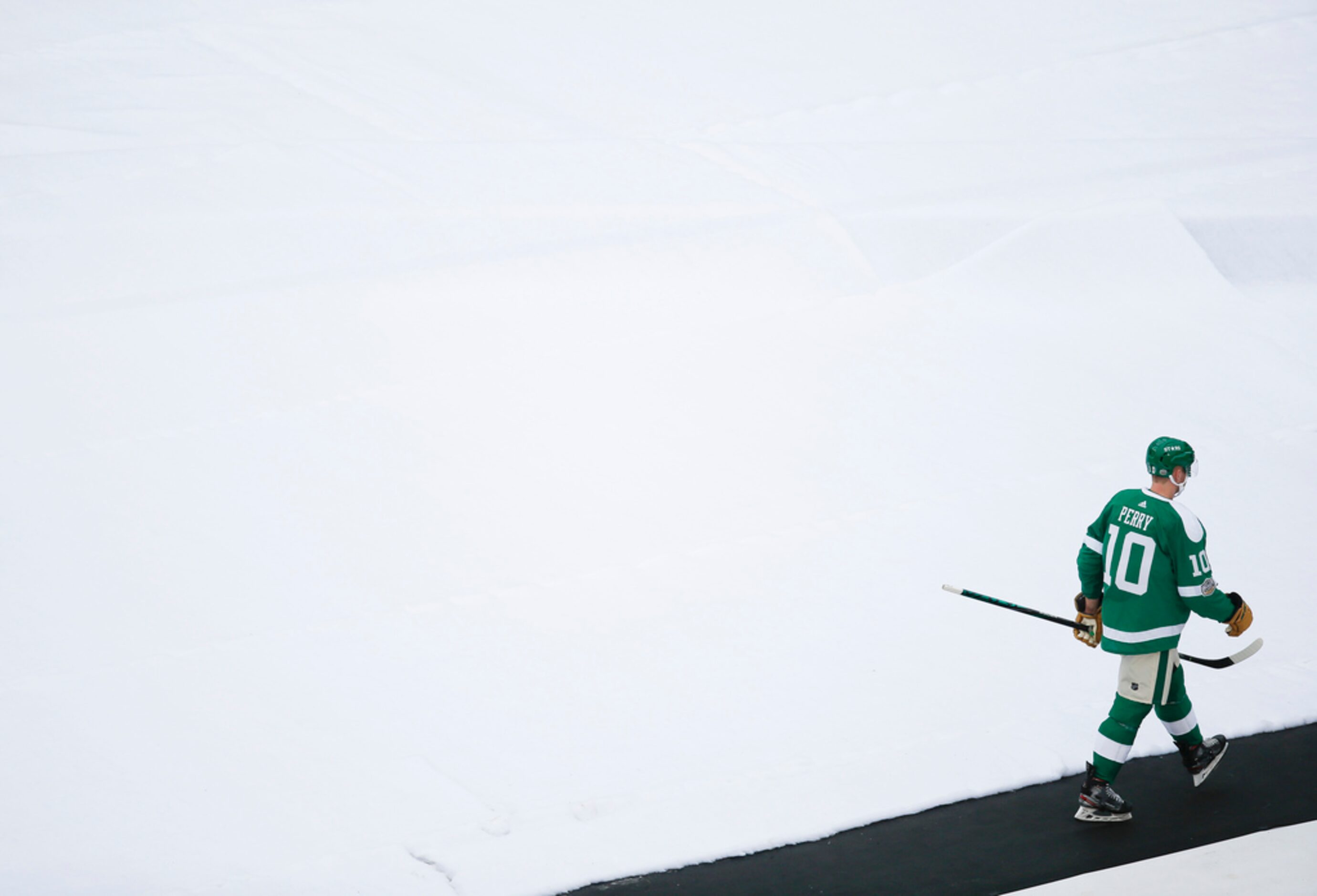 Dallas Stars right wing Corey Perry (10) exits the ice after being penalized for elbowing...