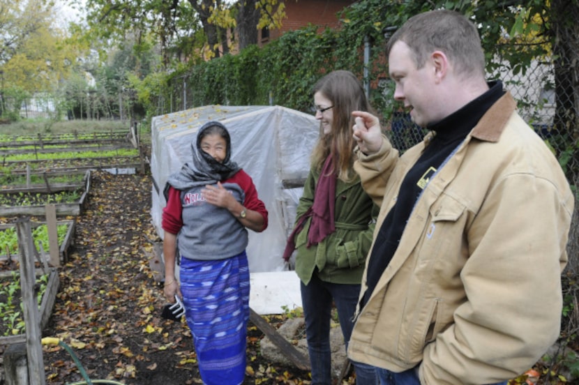 Jim Stokes, right, is the International Rescue Committee staffer who organized the garden...