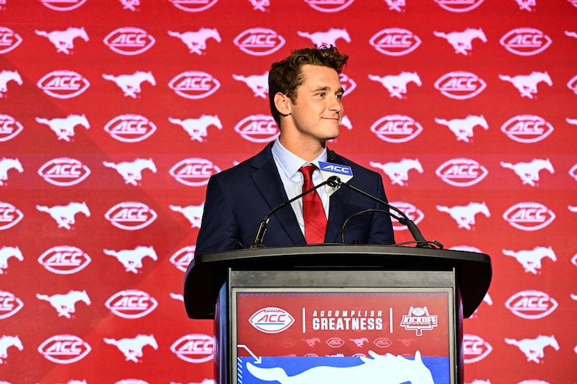 SMU quarterback Preston Stone speaks during the Atlantic Coast Conference NCAA college...